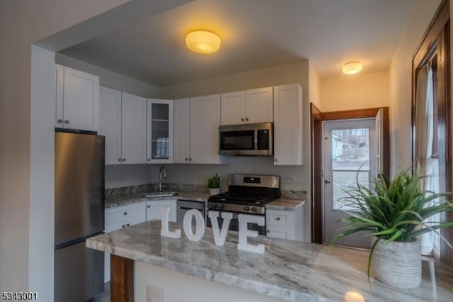 kitchen featuring light stone counters, white cabinets, stainless steel appliances, and a sink