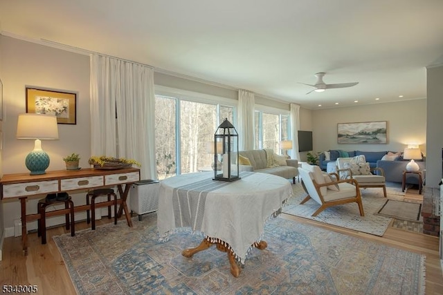 playroom with recessed lighting, ceiling fan, and wood finished floors