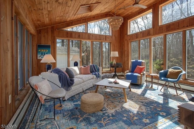 sunroom / solarium featuring a baseboard heating unit, lofted ceiling, wood ceiling, and a healthy amount of sunlight