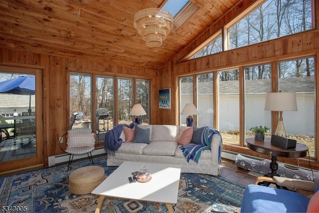 sunroom / solarium featuring vaulted ceiling, wooden ceiling, baseboard heating, and a chandelier