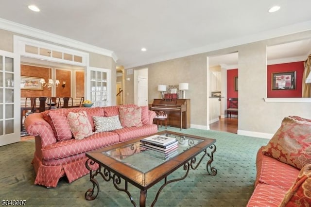 living room featuring recessed lighting, french doors, baseboards, and crown molding