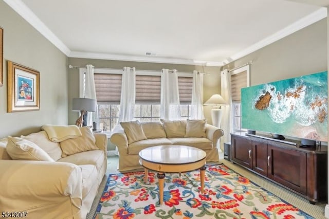 living room featuring light carpet, visible vents, and crown molding