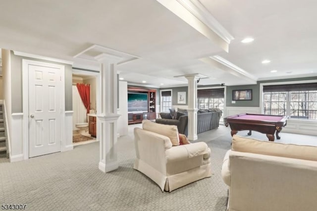 game room featuring billiards, carpet floors, decorative columns, recessed lighting, and crown molding