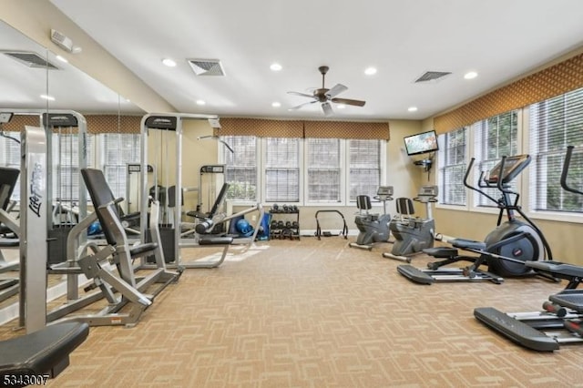 gym featuring visible vents, recessed lighting, ceiling fan, and carpet floors