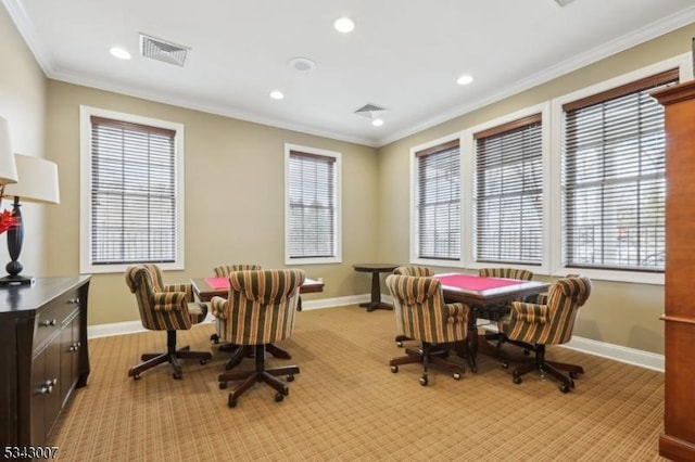 home office featuring visible vents, recessed lighting, baseboards, and ornamental molding