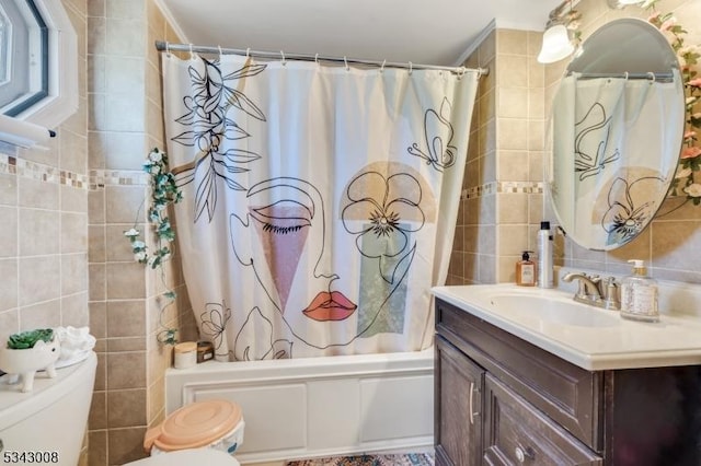 bathroom with vanity, tile walls, toilet, tasteful backsplash, and shower / tub combo with curtain