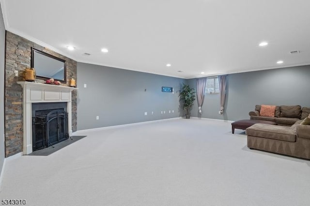 living area with ornamental molding, recessed lighting, a large fireplace, carpet, and baseboards