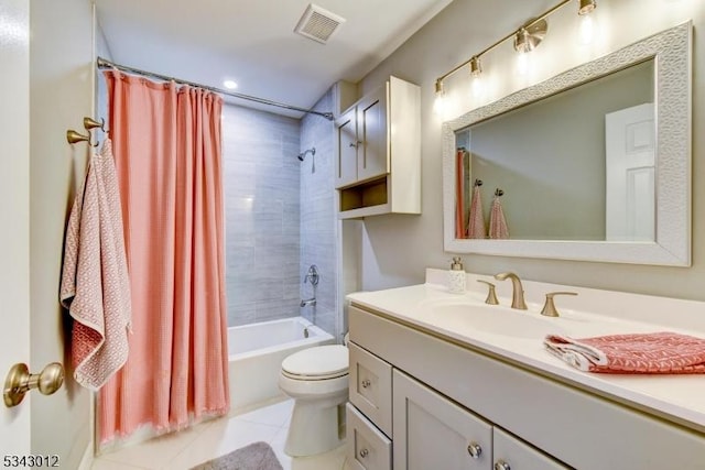 bathroom with vanity, visible vents, tile patterned flooring, toilet, and shower / tub combo with curtain