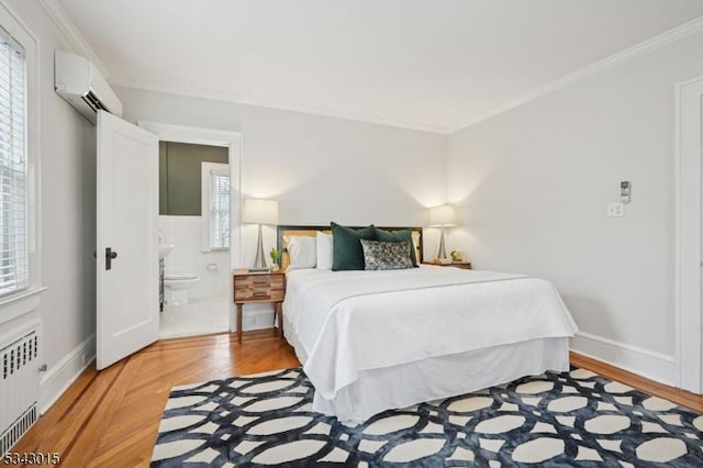 bedroom with light wood-style flooring, a wall mounted air conditioner, radiator heating unit, and ornamental molding