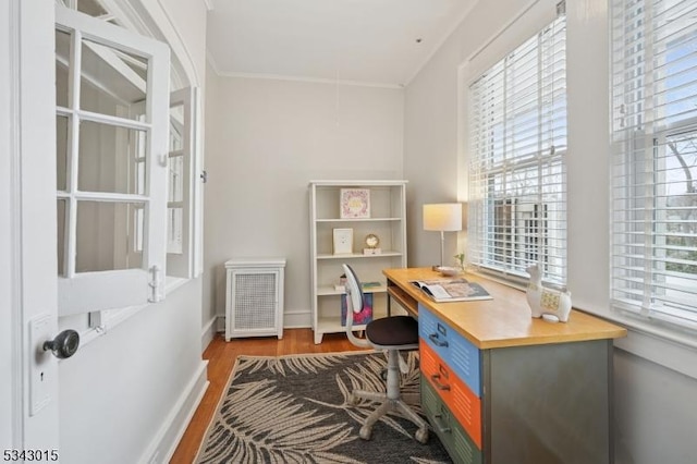 office area featuring radiator, wood finished floors, and a wealth of natural light