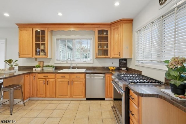 kitchen with a sink, stainless steel appliances, dark countertops, and recessed lighting