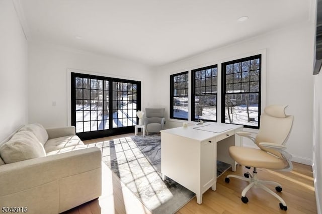 office space with baseboards, light wood-style floors, and crown molding