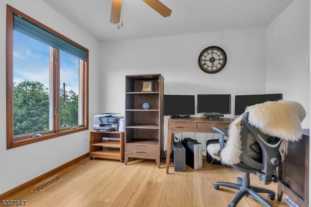 office area with baseboards, wood finished floors, visible vents, and ceiling fan