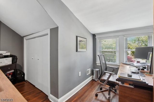 22 Salter Pl, Maplewood Twp, NJ 07040 - office space featuring vaulted ceiling, dark wood-style floors, and baseboards