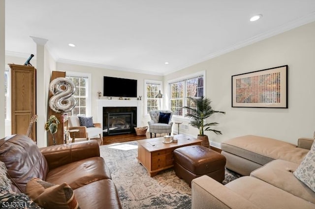 living area featuring ornamental molding, a glass covered fireplace, wood finished floors, recessed lighting, and baseboards