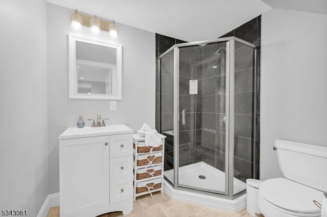 bathroom with vanity, a shower stall, and toilet