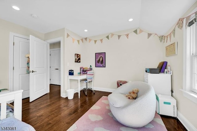 sitting room with recessed lighting, wood finished floors, and baseboards