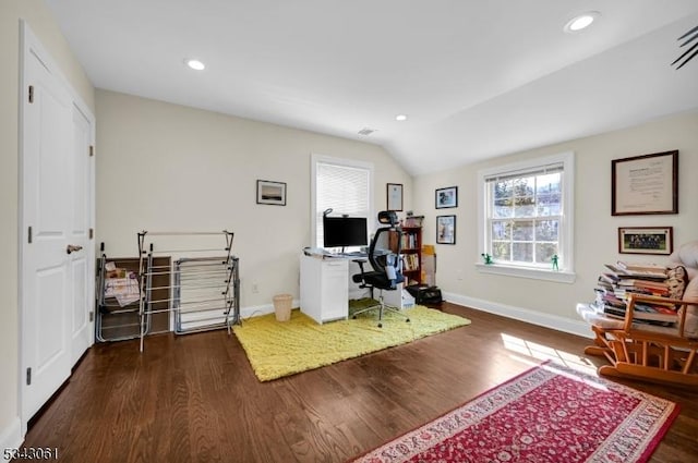 office area featuring recessed lighting, baseboards, lofted ceiling, and dark wood-type flooring