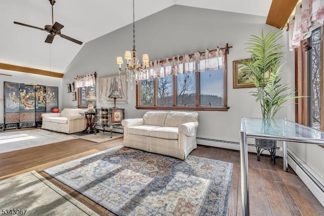 living area featuring wood-type flooring, high vaulted ceiling, and ceiling fan with notable chandelier