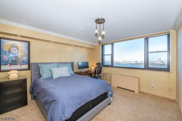 carpeted bedroom featuring radiator, crown molding, and baseboards