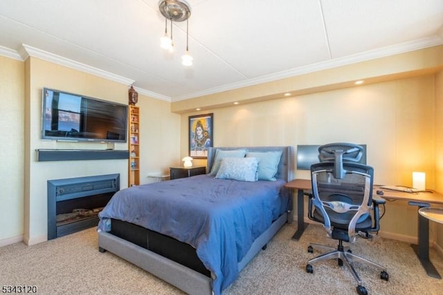 carpeted bedroom featuring a fireplace, baseboards, and ornamental molding