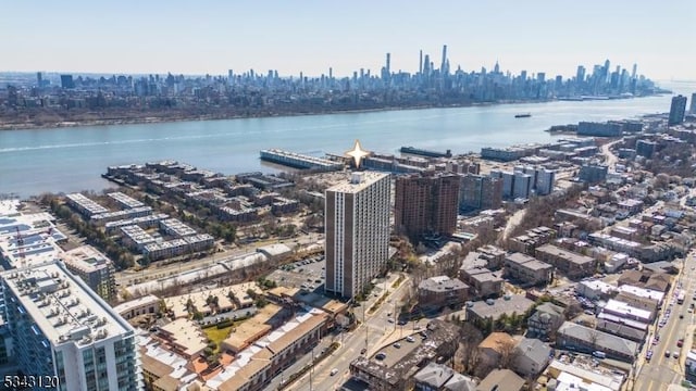 bird's eye view with a city view and a water view