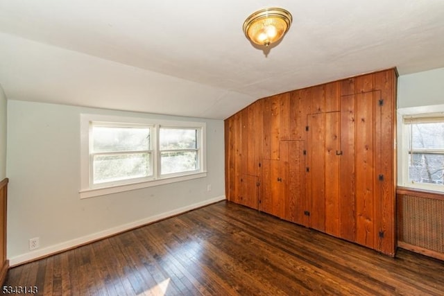 additional living space with hardwood / wood-style flooring, radiator heating unit, baseboards, and lofted ceiling