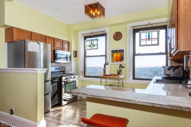 kitchen with a peninsula, tasteful backsplash, a wealth of natural light, and stainless steel appliances