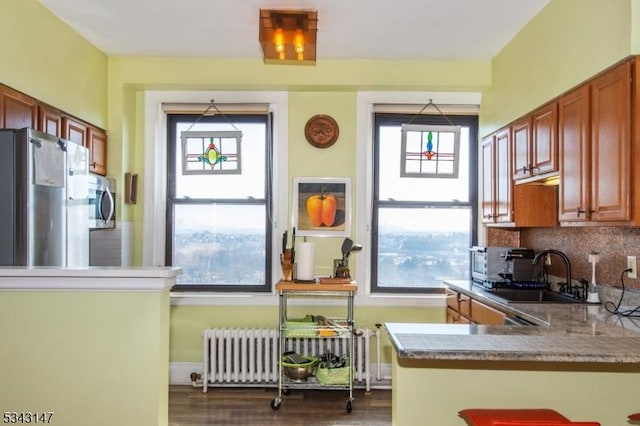 kitchen featuring wood finished floors, radiator heating unit, a sink, stainless steel appliances, and backsplash