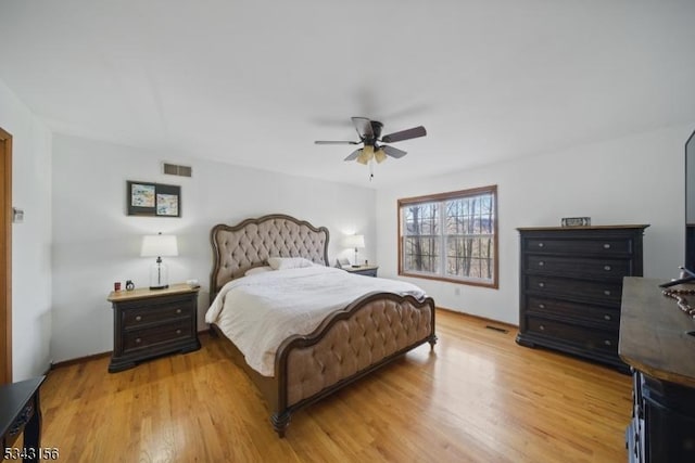 bedroom featuring visible vents, light wood-type flooring, and a ceiling fan