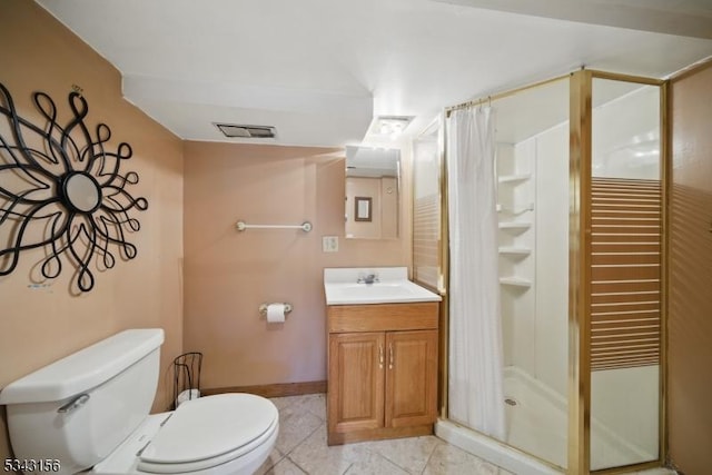 full bathroom featuring tile patterned flooring, toilet, visible vents, and a stall shower