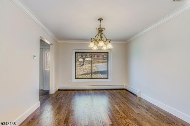 unfurnished dining area with wood finished floors, baseboards, baseboard heating, and a chandelier