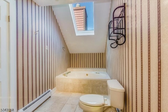 bathroom with wallpapered walls, toilet, baseboard heating, a skylight, and tile patterned floors