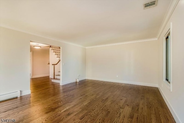 empty room with dark wood-style floors, baseboards, ornamental molding, stairs, and baseboard heating