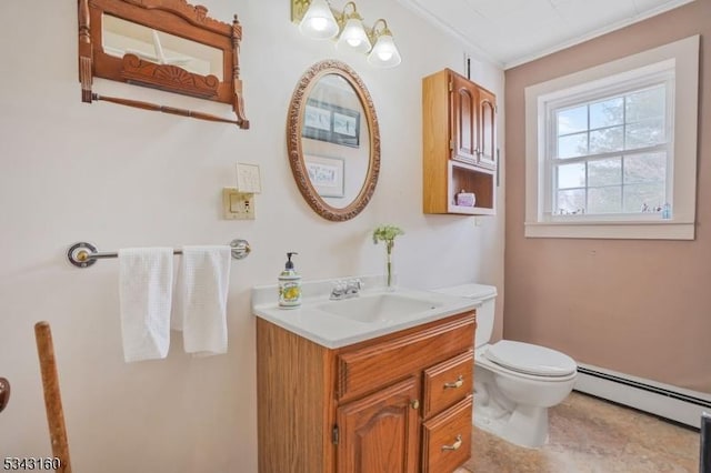 half bath with baseboard heating, crown molding, toilet, and vanity