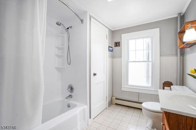 full bathroom with a wainscoted wall, ornamental molding, vanity, and a baseboard radiator