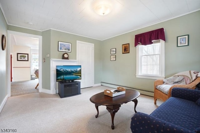 carpeted living area with a fireplace, crown molding, baseboards, and a baseboard radiator