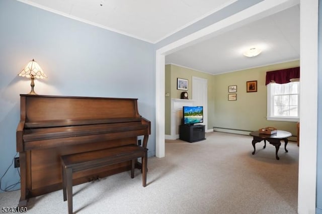 living area featuring baseboard heating, ornamental molding, baseboards, and carpet floors