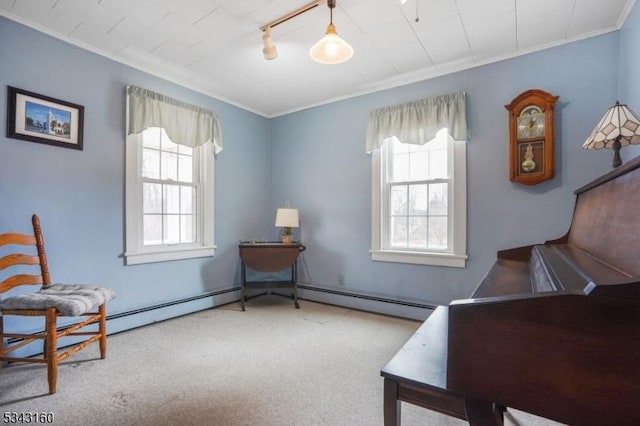 sitting room featuring crown molding, carpet flooring, and a baseboard radiator