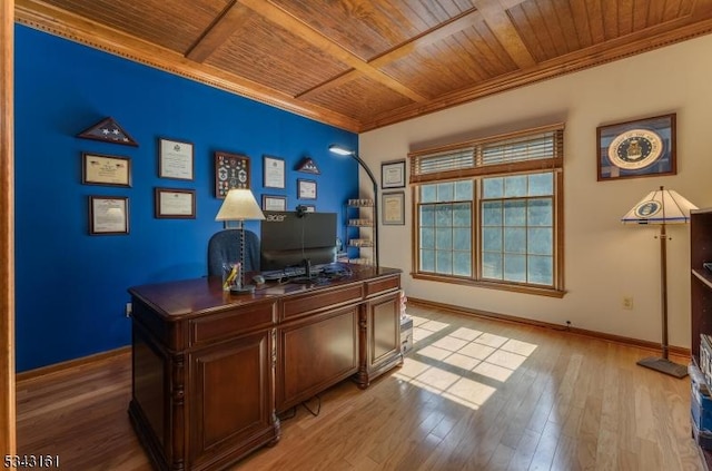 office featuring wood ceiling and light wood-type flooring