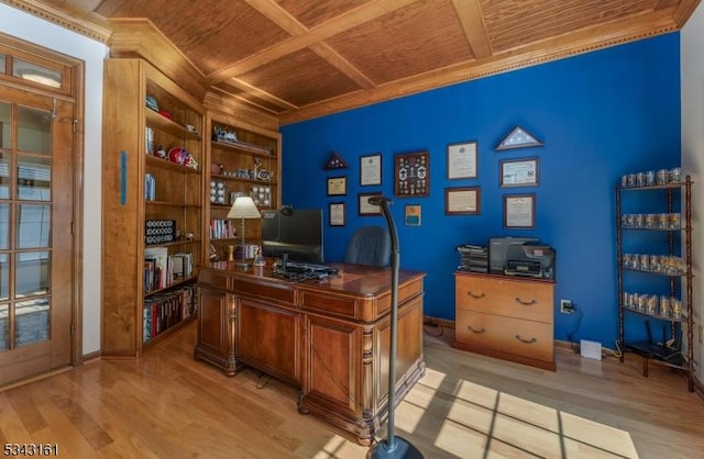 office with built in features, baseboards, coffered ceiling, light wood-style flooring, and wood ceiling