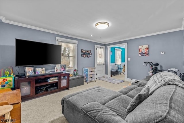 carpeted living area with baseboards and crown molding