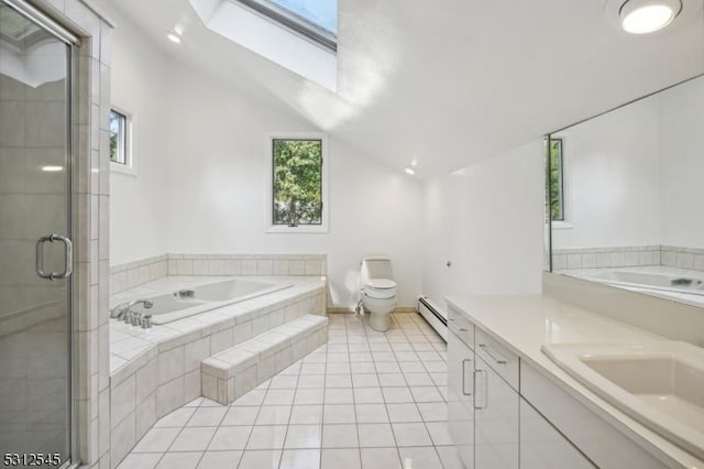 bathroom with lofted ceiling with skylight, a stall shower, tile patterned flooring, a baseboard radiator, and a bath