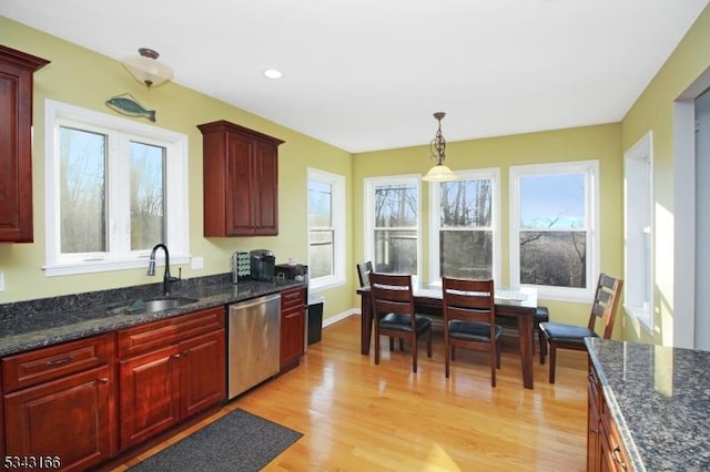 kitchen with a sink, reddish brown cabinets, and stainless steel dishwasher