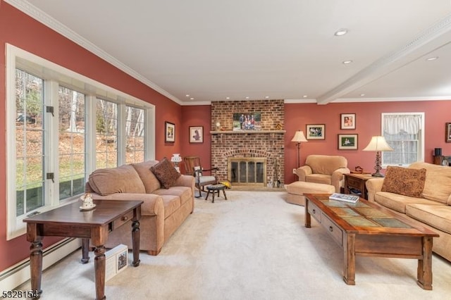 living room featuring recessed lighting, ornamental molding, a baseboard heating unit, a brick fireplace, and light colored carpet