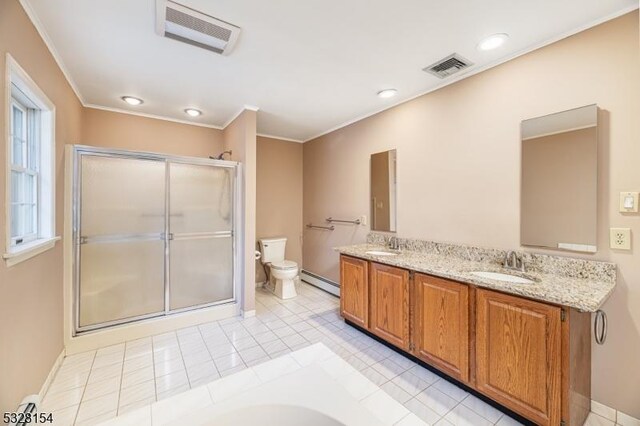 bathroom with a shower stall, toilet, visible vents, and a sink