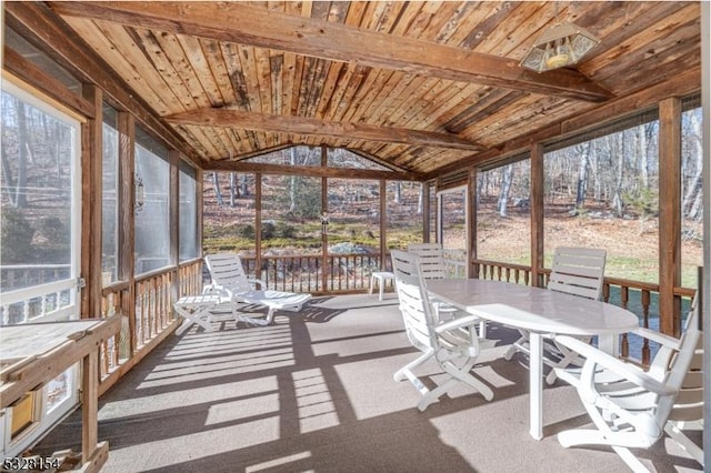 sunroom featuring lofted ceiling with beams and wooden ceiling