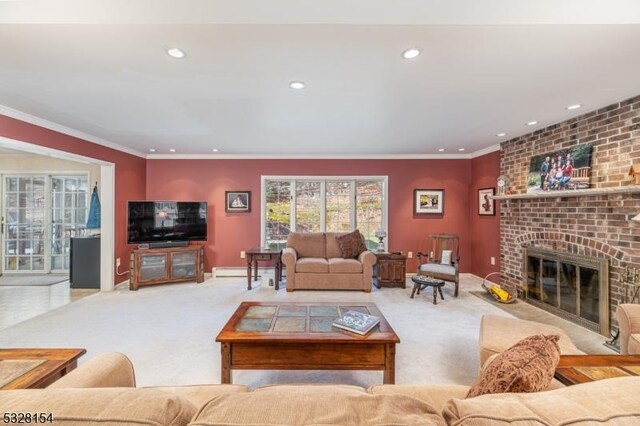 carpeted living room featuring crown molding, baseboards, baseboard heating, recessed lighting, and a fireplace