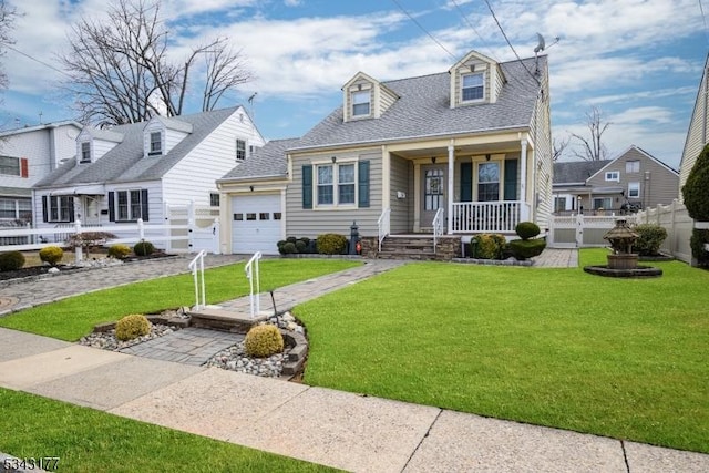 cape cod house featuring a front yard, fence, roof with shingles, covered porch, and a garage