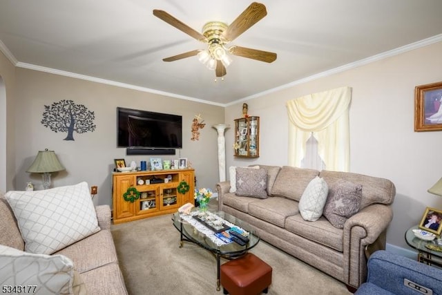 living area featuring ceiling fan, carpet floors, and ornamental molding